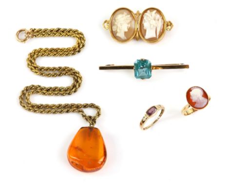 Mixed group of items, including a shell cameo ring, mount stamped 18 ct, ring size L, a similar double cameo brooch, testing 