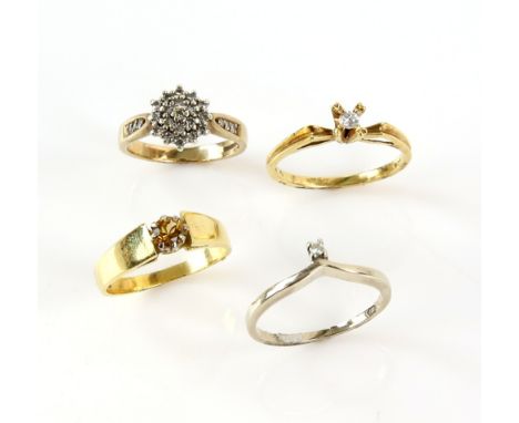 Four rings, including diamond single stone, another set with a round cut citrine, both ring size M and mounted in 18 ct, with