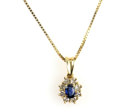 Sapphire and diamond set pendant, with oval sapphire and  six brilliant cut diamonds, in gold mount, diamond weight estimated