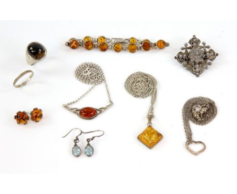 Large collection of  jewellery, including agate signet ring, size P, amber bracelet, earrings, and necklace set, a pair of bl