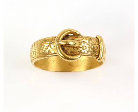 Late Victorian buckle ring, floral detailing, inside engraved 'Dear Mother at rest April 10. 1891', in 22 ct hallmarked Birmi