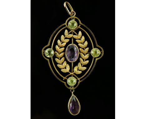 Edwardian pendant set with stones in colours of the Suffragette Movement, openwork design with laurel leaves amethyst and per