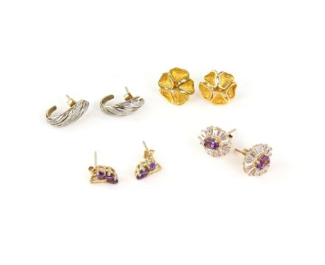 Half hoop melee diamond set earrings, two pairs of amethyst and synthetic white stone earrings and a pair of gold floral desi