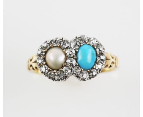 Antique ring, set with oval cabochon cut turquoise, pearl and old cut diamonds, estimated total diamond weight 0.24 carats, m