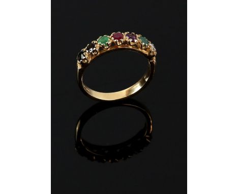 A Victorian style ring set with a line of gemstones spelling ' Dearest' , Diamond, emerald, amethyst, ruby, emerald, sapphire