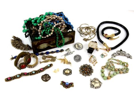 Large quantity of costume jewellery,  a jewellery box, bead necklaces, oval pewter brooch, gents Timex watch, base metal neck