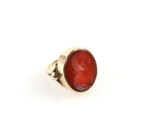 Carnelian intaglio cut seal ring with portrait of a 19th C gentleman, in 9 ct gold, Carnelian size 21 x 18mm, ring size L1/2 