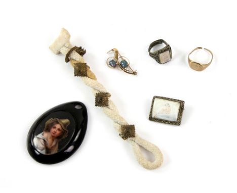 Group of costume jewellery with a gold ring and gold opal triplet brooch, both 9 ct a 19th c porcelain plaque and jet pendant