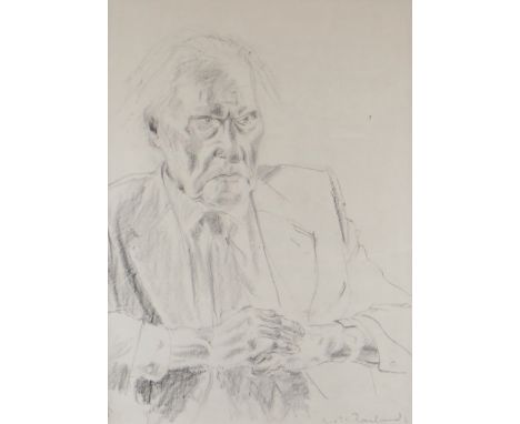 WILL ROWLANDS pencil - half-portrait of R S Thomas from a portrait sitting, signed, 49 x 36cms