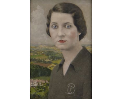 BRITISH SCHOOL mixed media - head and shoulders portrait of a lady with landscape and house behind, entitled verso 'Ursula Ma