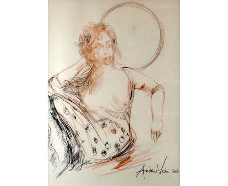 ANDREW VICARI mixed media with pencil - three quarter portrait of a female model, entitled verso 'Vigonade Anne Marie', signe