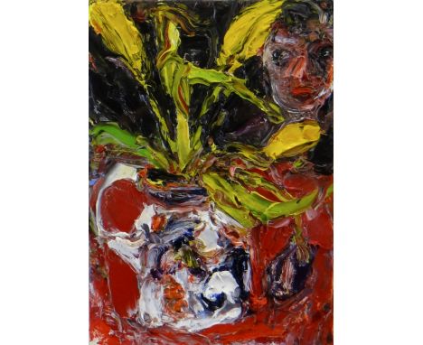 SHANI RHYS JAMES oil on panel - flowers in a jug with self portrait, entitled verso 'Yellow Tulips 2012', 18 x 12.5cms&nbsp;&