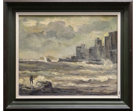 SIR KYFFIN WILLIAMS RA oil on canvas - circa 1951 coastal scene with cliffs and figure fishing, possibly Fingal's Cave, Scotl