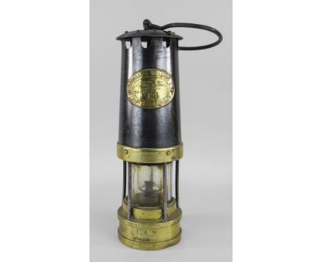A LARGE SIZED MINER'S LAMP bearing brass label for Thomas &amp; Williams, Aberdare, complete with hanging hook, 30cms Provena