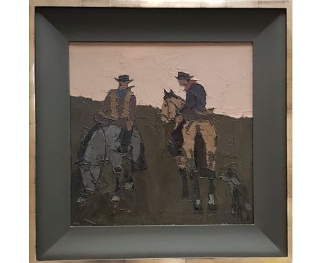 SIR KYFFIN WILLIAMS RA oil on canvas - two Patagonia gauchos on horseback with sheepdog under a pink sky, handwritten title v