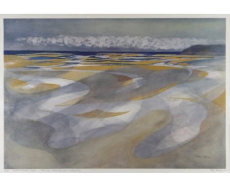 JOHN ELWYN limited edition (255/300) colour lithograph - beach scene, entitled 'Laugharne Estuary from Dylan Thomas' Writing 