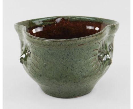 EWENNY POTTERY THREE-FACED OWL BOWL of trefoil form in mottled green glaze with painted sgraffito and relief decoration, insc
