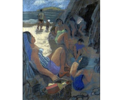 CLAUDIA WILLIAMS pastel - family group enjoying the beach, entitled verso 'Playing Near the Cave, Caldy', 61 x 47cms