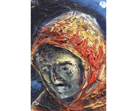 MICHAEL GUSTAVIUS PAYNE oil on board - head portrait, entitled verso 'Red Hood', signed with initials, 30 x 21cms