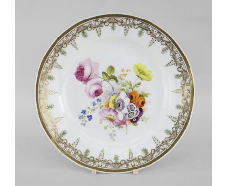 SWANSEA PORCELAIN PLATE decorated with a spray of colourful wild-flowers and roses to the the interior, the border decorated 