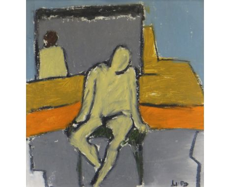 HONOR BROGAN oil on paper - semi-abstract of a female playing a piano, entitled verso 'Sarah - Jazz Piano', signed, 40.5 x 39