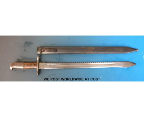 A Swiss model 1914 Schmidt Rubin saw backed engineer's bayonet in scabbard, 48cm blade (62007 to hilt)