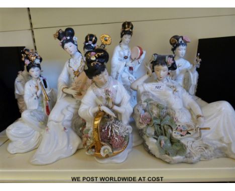 Eight 20thC Chinese figurines, some playing muscial instruments