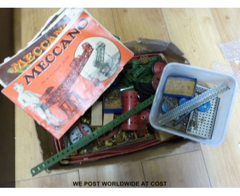 A quantity of playworn vintage Meccano etc with some original brochures, box etc