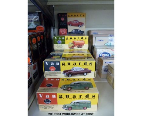 Thirteen Vanguards 1:43 scale diecast model cars, vans and lorries including some sets, all in original boxes.