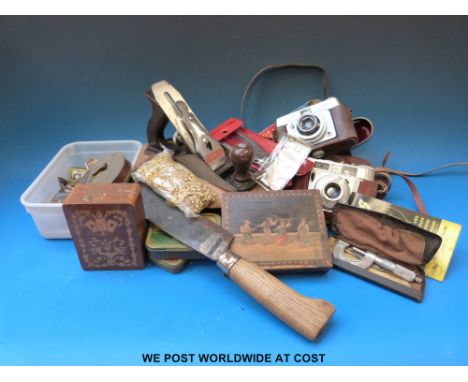 A collection of items including camera, folding ivory ruler, boxes, pen knives etc 