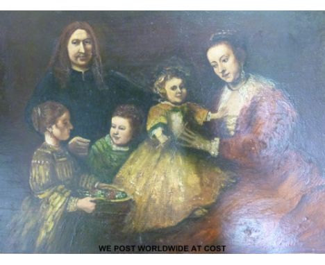 Dutch school oil on board family portrait (33 x 41cm)  together with a small oil of a Dutch street scene