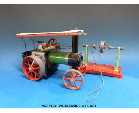 A Mamod T.E.1.A traction engine with box, filler funnel and steering extension, together with a Mamod line shaft