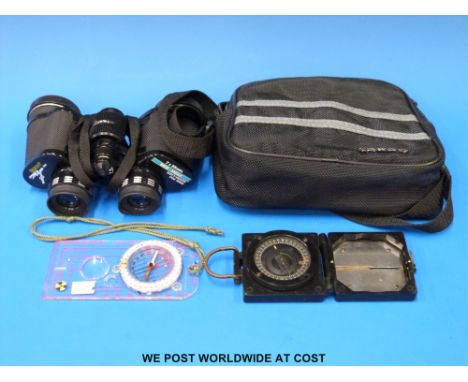 A pair of Tasco 7x35mm wide angle binoculars in original case, together with a T.G. Co Mark 1 magnetic marching compass and a