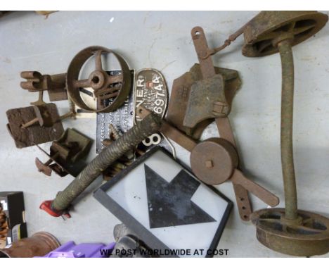 A quantity of railway collectables to include mileposts, LNER wagon plate, 'fasten gate sign', signal levers, lamp, wheels et