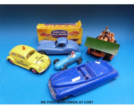 Five vintage plastic vehicles including Tri-ang Minic bulldozer