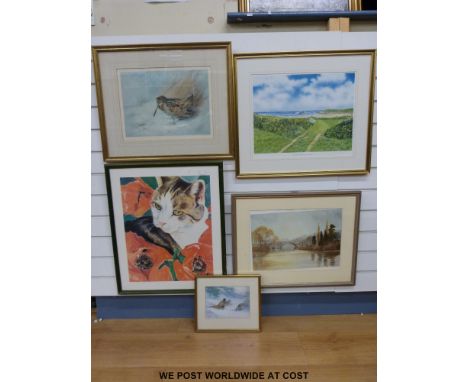 A quantity of prints, some limited edition and signed, including Anne Robinson, cat portrait; Marion Rowland,  Cranstock Beac