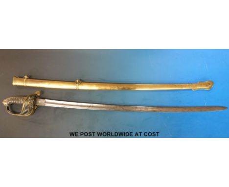 An 1845 pattern Victorian Officers sword by Cutter & Sons, Hanover Street, London with pierced bronze gothic hilt and shagree