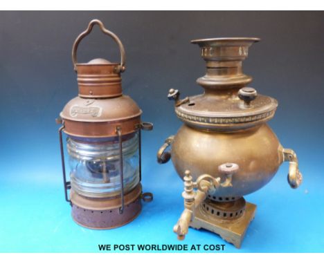 An Anchor copper lamp and a brass samovar 