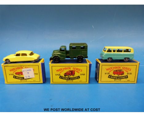 Three Matchbox Moko Lesney type B4 diecast model vehicles, Citroen DS19 with yellow body 66, Army Wireless Truck with green b