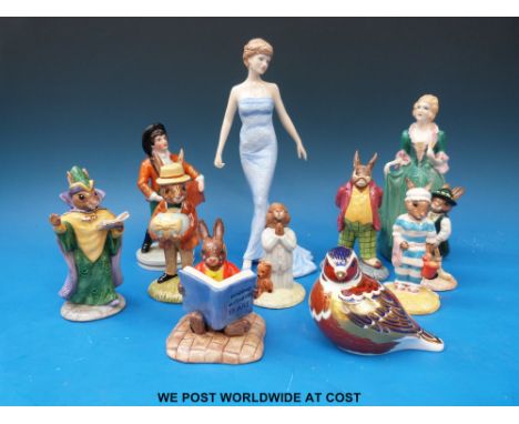 Royal Doulton figure Diana, Princess of Wales HN5061, Carltonware figure 'Joan', Crown Derby bird, continental figure of a ma