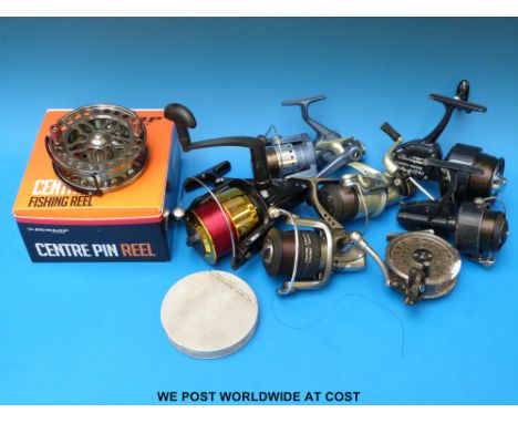 A Dunlop sport centrepin fishing reel, fixed spool reels including Avocet c4000R, vintage Mitchell 410, Fladen etc 