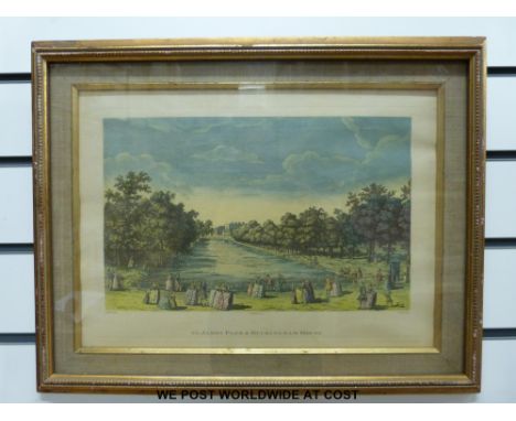 Coloured engravings St James' Park and Buckingham House, Hyde Park near Grosvenor Gate, large engraving signed Robert F K Sch