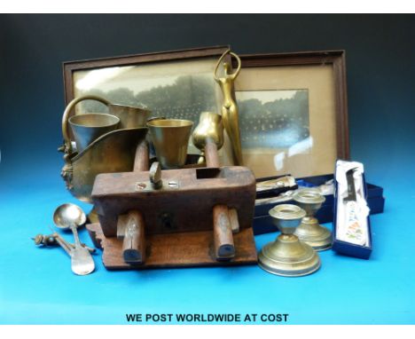 Two framed photographs of Police Academy members possibly c1930, together with a 1916 shell case, silver plate items, brasswa