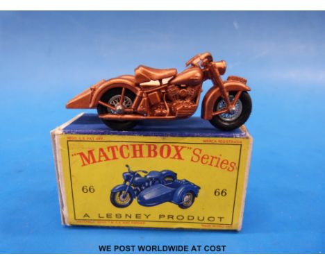 Matchbox Lesney type D diecast model Harley-Davidson Motor-Cycle and Sidecar with bronze body and spoked wheels 66, in origin