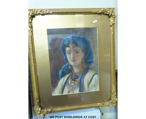 Augustus Jules Bouvier (British 1825 - 1881): Watercolour portrait of a middle eastern young woman with blue headscarf and go