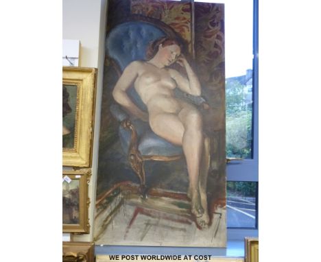 Attributed to James Arden Grant (1887 - 1974): Oil on canvas portrait of a full length nude reclining in a Victorian chair, p