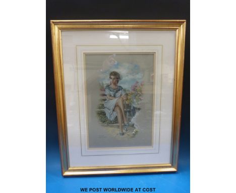 Steve Wheldon pastel lady on a bench in a garden, signed lower left (43 x 30cm)