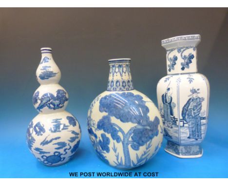 A Chinese hexagonal vase, moon flask and a double gourd vase 