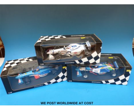 Eight Minichamps 1:18 scale diecast model Formula 1 cars: R. Barrichello Stewart Ford 970022, D. Hill Jordan Mugen Honda 9800