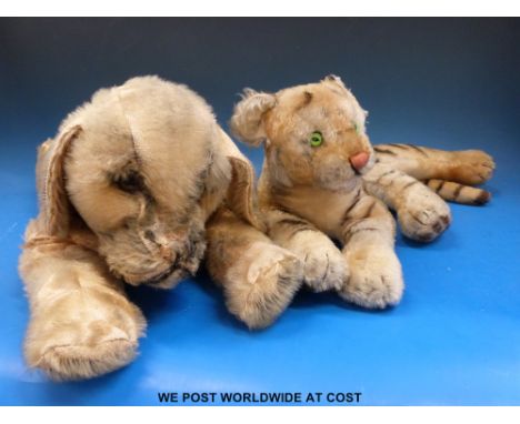 A plush toy dog by the A Deans Rag Book Co Ltd together with a Chad Valley tiger and a tiger cub, possibly Steiff